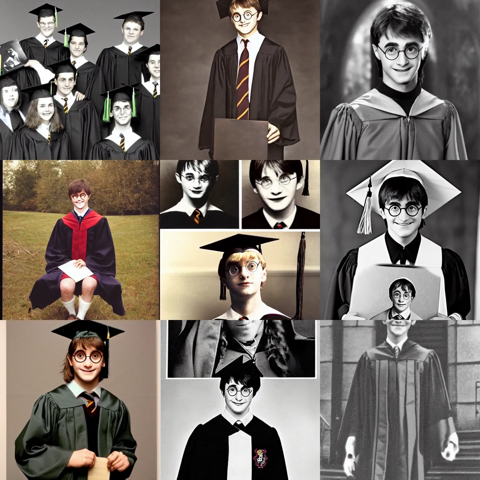 Prompt: high school graduation photo of harry potter