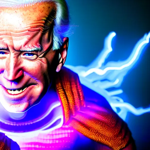 Image similar to uhd candid photo of cosmic joe biden as buu powering up, glowing, global illumination, studio lighting, radiant light, hyperdetailed, correct face, elaborate intricate costume. photo by annie leibowitz