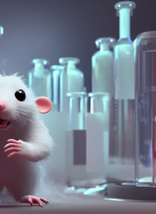 Prompt: a 3D render of a cute fuzzy pet rat dressed in a white lab coat mixing test tubes of chemicals in a chemistry lab, bokeh, Canon 50mm, cinematic lighting, volumetric light, octane, octane render, redshift render