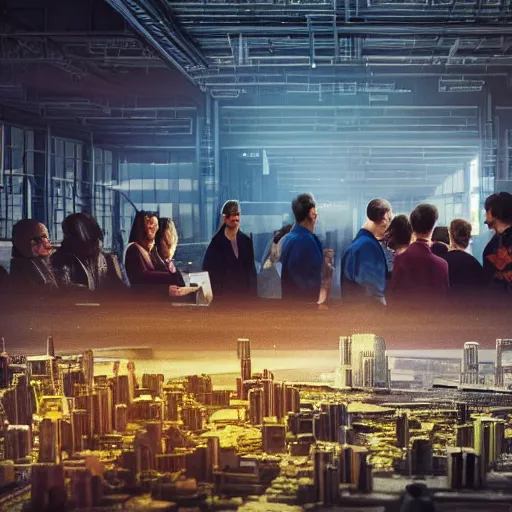 Prompt: large group people in a warehouse, looking at hologram of futuristic city on a table, cinematic concept art, godrays, golden hour, natural sunlight, 4 k, clear details, tabletop model buildings, tabletop model, hologram center, drone perspective