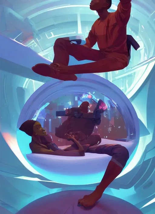 Image similar to young black man floating in a cylindrical chamber, futuristic computer hardware and cybernetic imagery, digital painting artstation, 2 d game fanart behance hd by jesper ejsing, by rhads, makoto shinkai and lois van baarle, ilya kuvshinov, rossdraws, dramatic sunset, global illumination, radiant light, detailed and intricate environment