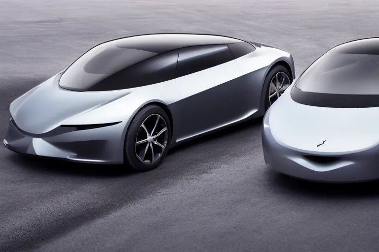 Prompt: a car designed by the technology company Apple Inc., side-front view, studio photo