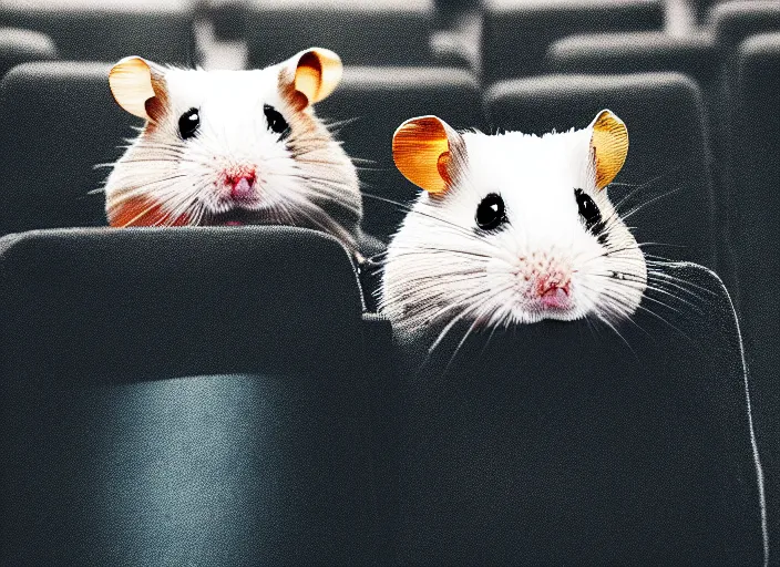Image similar to hamsters in a cinema, movie still, cinematic, sharp focus, cinematic grain, cinematic lighting, 8 k