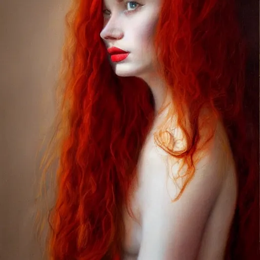 Image similar to portrait of a beautiful young woman _ red _ haired woman by cheval michael