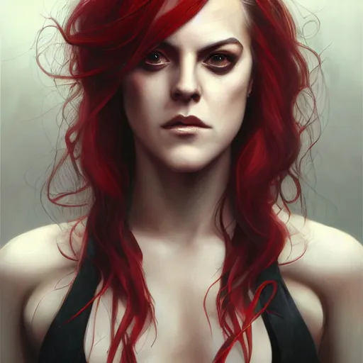Image similar to portrait of riley keough in bloody business suit, blood red eyes, vampire fangs, fantasy, intricate, elegant, highly detailed, digital painting, artstation, concept art, matte, sharp focus, illustration, art by aenaluck and roberto ferri and greg rutkowski, epic fantasy, digital painting