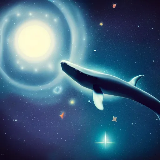Prompt: portrait of space whale swimming on a dark night sky in space, flying across the universe, oniric, dreamy, beautiful, highly detailed, realistic, cinematic, dynamic composition