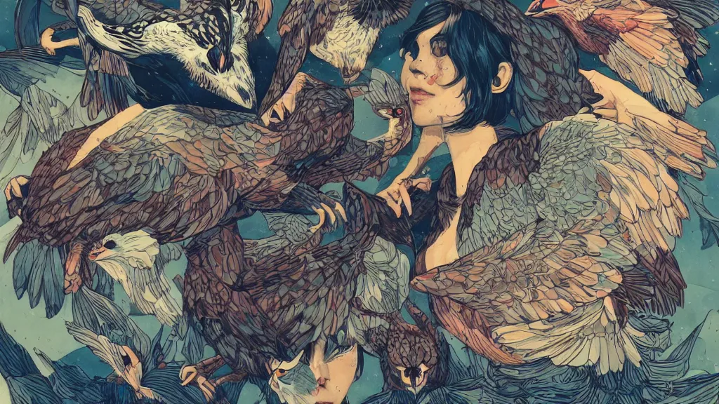 Prompt: ilya kuvshinov, mcbess, rutkowski, victo ngai, james jean, john william waterhouse, artgerm, watercolor illustration of owls flying at night, colorful, mural, deep shadows, astrophotography, highly detailed