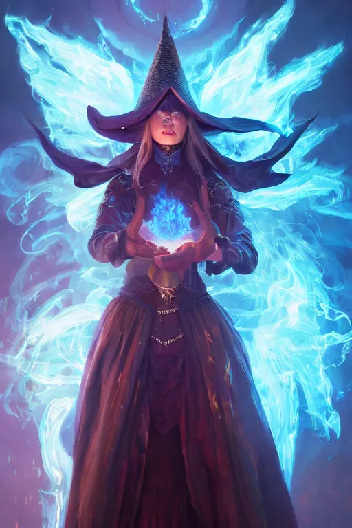 Prompt: a fancy portrait of a beautiful dark magician girl wearing a large witches hat covered in light blue flames flames by Greg Rutkowski, Sung Choi, Mitchell Mohrhauser, Maciej Kuciara, Johnson Ting, Maxim Verehin, Peter Konig, final fantasy , mythical, 8k photorealistic, cinematic lighting, HD, high details, atmospheric,