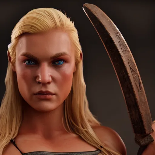 Image similar to a handsome bodybuilder viking girl with blond hair, clash royal style characters, unreal engine 5, octane render, detailed, cinematografic, cinema 4 d