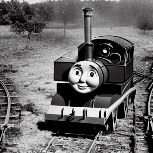 Prompt: Thomas the tank engine in aushwitz, photo, ww2, concentration camps,