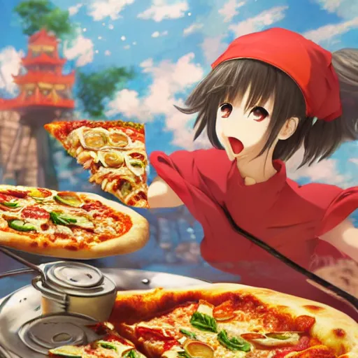 Image similar to pizza with banana topping, anime fantasy illustration by tomoyuki yamasaki, kyoto studio, madhouse, ufotable, square enix, cinematic lighting, trending on artstation