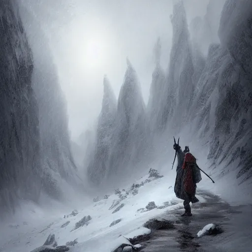 Prompt: a hiker with a cape on walking thru blizzardy mountains, Matte painting , detailed painting, greg rutkowski