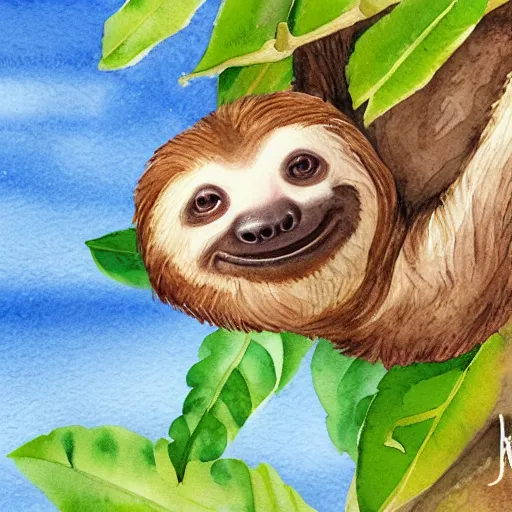 Prompt: A realistic watercolour painting of a sloth with a baby sloth in a tree, fine detail, washed out background