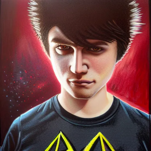 Prompt: portrait of modern teenage boy in a metallica t - shirt painting warhammer 4 0 k figurines, depth of field, zeiss lens, detailed, centered, fashion photoshoot, by nicoletta ceccoli, mark ryden, lostfish, breathtaking, 8 k resolution, extremely detailed, beautiful, establishing shot, artistic, hyperrealistic, octane render