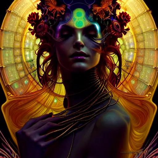 Image similar to extremely psychedelic beautiful cyborg viral goddess infected by night. intricate, elegant, highly detailed, extremely lifelike photorealistic digital painting, artstation. steichen, gaston bussiere, tom bagshaw, cyberpunk alphonse mucha. elegant minimalism. anatomically correct. sharp focus. gold, black accents. surreal lush cosmic hallucination