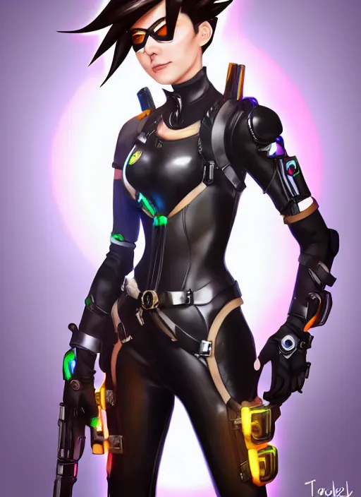 Image similar to full body digital artwork of tracer overwatch, wearing black iridescent rainbow latex, 4 k, expressive happy smug expression, makeup, in style of mark arian, wearing detailed black leather collar, wearing sleek armor, black leather harness, detailed face and eyes,