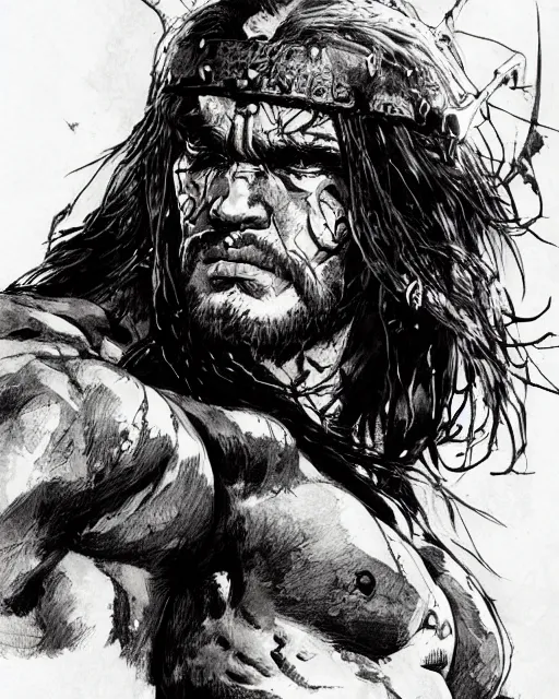 Prompt: portrait of conan the barbarian, concept art, sumi - e style, intricate linework, artstation, trending, highly detailed, smooth, focus, art by yoji shinkawa
