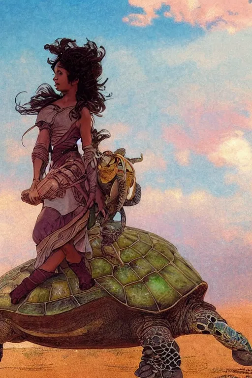 Image similar to a little warrior girl sitting on top of a giant turtle that is walking in the desert, seen from a distance. the girl is fully visible and has dark skin and beautiful green eyes, realistic full body and a very beautiful detailed face with long black hair. diffuse light, dramatic sky and landscape, fantasy illustration by mucha