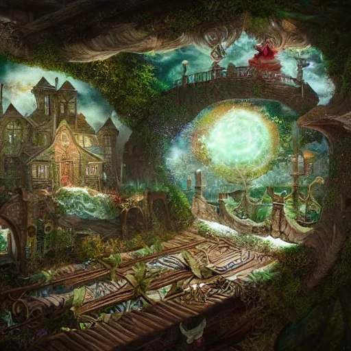 Prompt: **A elf and fairy world, hyper detailed, matte painting, book illustration, paper texture, fairy dust, post processing