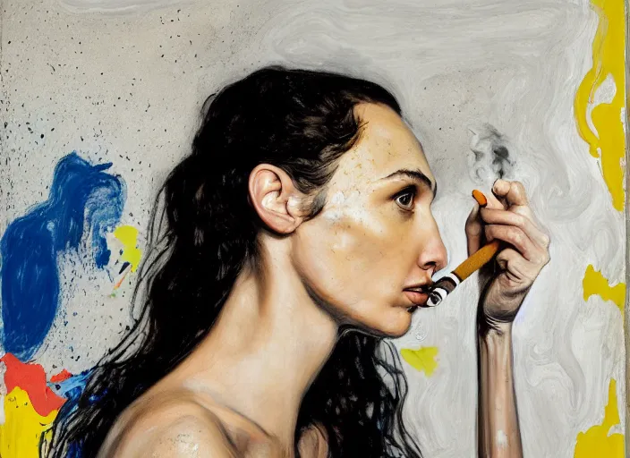 Image similar to portrait of gal gadot smoking a sigaret, by vincent lefevre and hernan bas and pat steir and hilma af klint, psychological, photorealistic, dripping paint, washy brush, rendered in octane, altermodern, masterpiece