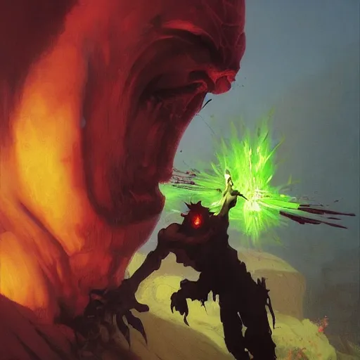 Image similar to 4k headshot of godlike Spawn from Macfarlane comics killing demon clowns with green fire by Craig Mullins, ilya kuvshinov, krenz cushart, epic , artgerm trending on artstation by Edward Hopper and Dan Mumford and WLOP and Rutkovsky, beksinski carl spitzweg moebius and tuomas kocar, intricate artwork by caravaggio, Unreal Engine 5, Lumen, Nanite