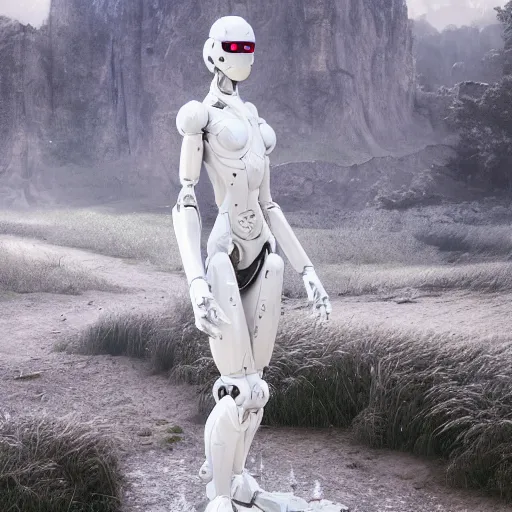 Prompt: a white robot in a ruined valley, au naturel, hyper detailed, digital art, trending in artstation, cinematic lighting, studio quality, smooth render, unreal engine 5 rendered, octane rendered, art style by klimt and nixeu and ian sprigger and wlop and krenz cushart