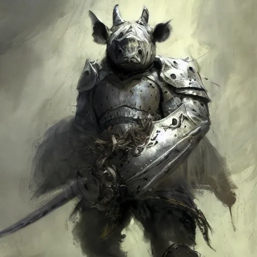 Image similar to portrait of a rhinoceros as a mighty warrior wearing silver armor, holding sword, by craig mullins, jeremy mann, jeremy mann.