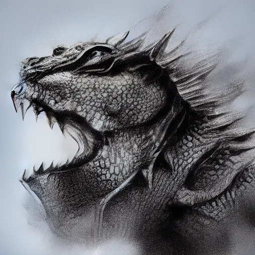 Prompt: the head of Godzilla, kaiju, sea creature, crocodile, iguana by carlos huante