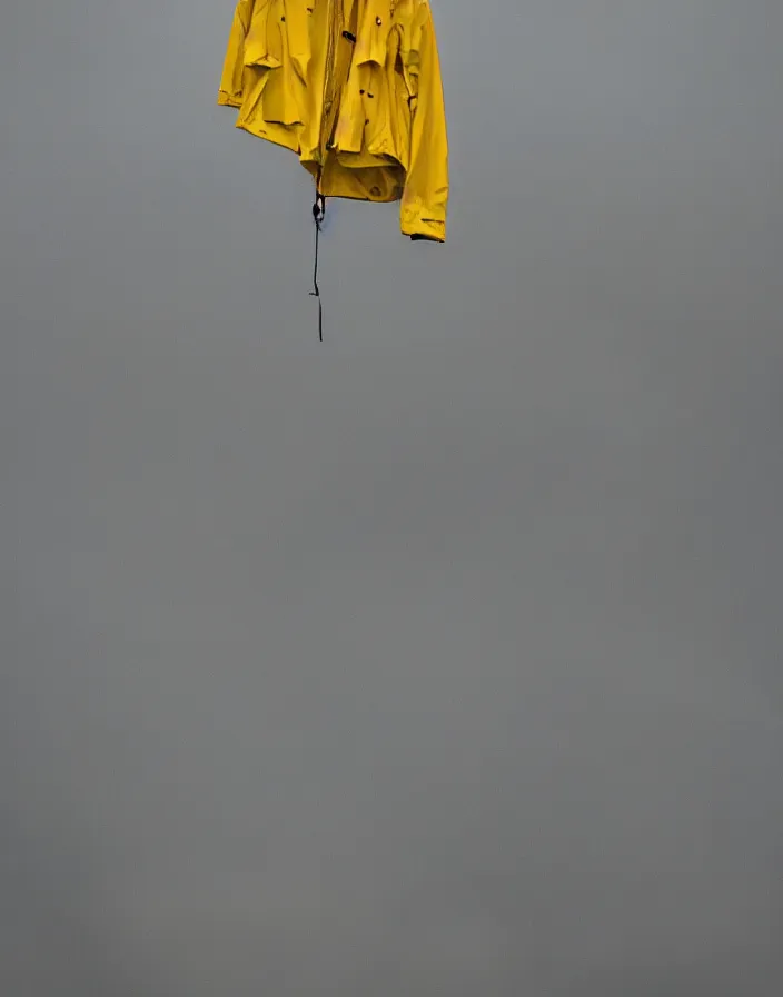 Image similar to a lone yellow zara raincoat flying hanging mid - air on a glittering rainy display designed by james terrell, we anderson, symmetry, rule of thirds