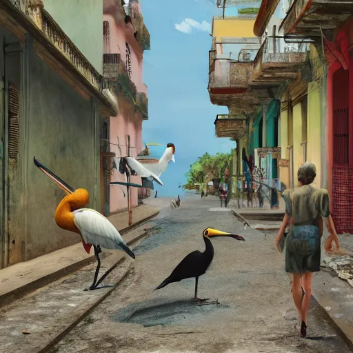 Prompt: spoonbills, toucans, and hornbills in old havana by bo bartlett, realistic 3 d, hyperrealistic, super detailed, octane render, 8 k, depth of field, glossy surface, liquid texture, trending on behance, cgsociety, cinematic lighting