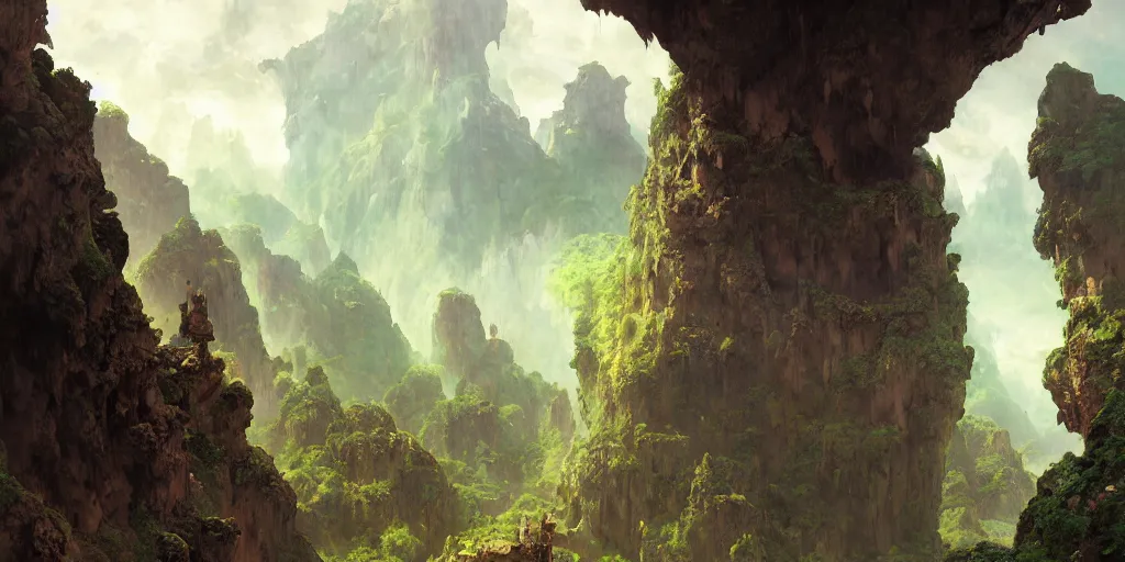 Prompt: huge cave ceiling towns, villages castles buildings bytopia planescape clouds made of green earth inverted upsidedown mountain surreal dreamlike inception artstation illustration sharp focus sunlit vista painted by ruan jia raymond swanland lawrence alma tadema zdzislaw beksinski norman rockwell tom lovell alex malveda greg staples