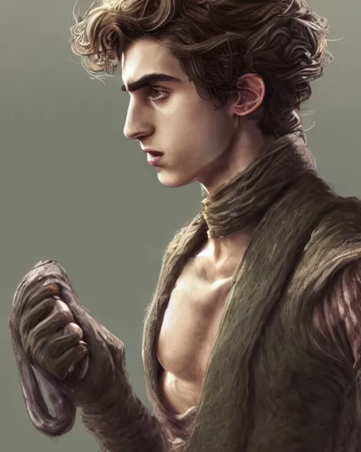 Prompt: timothee chalamet as an accountant in courtyard, intricate braided hair, small nose, muscular figure, soft lighting, highly detailed face, sharp focus, artstation, dnd, sophie anderson, arnold armitage, loish