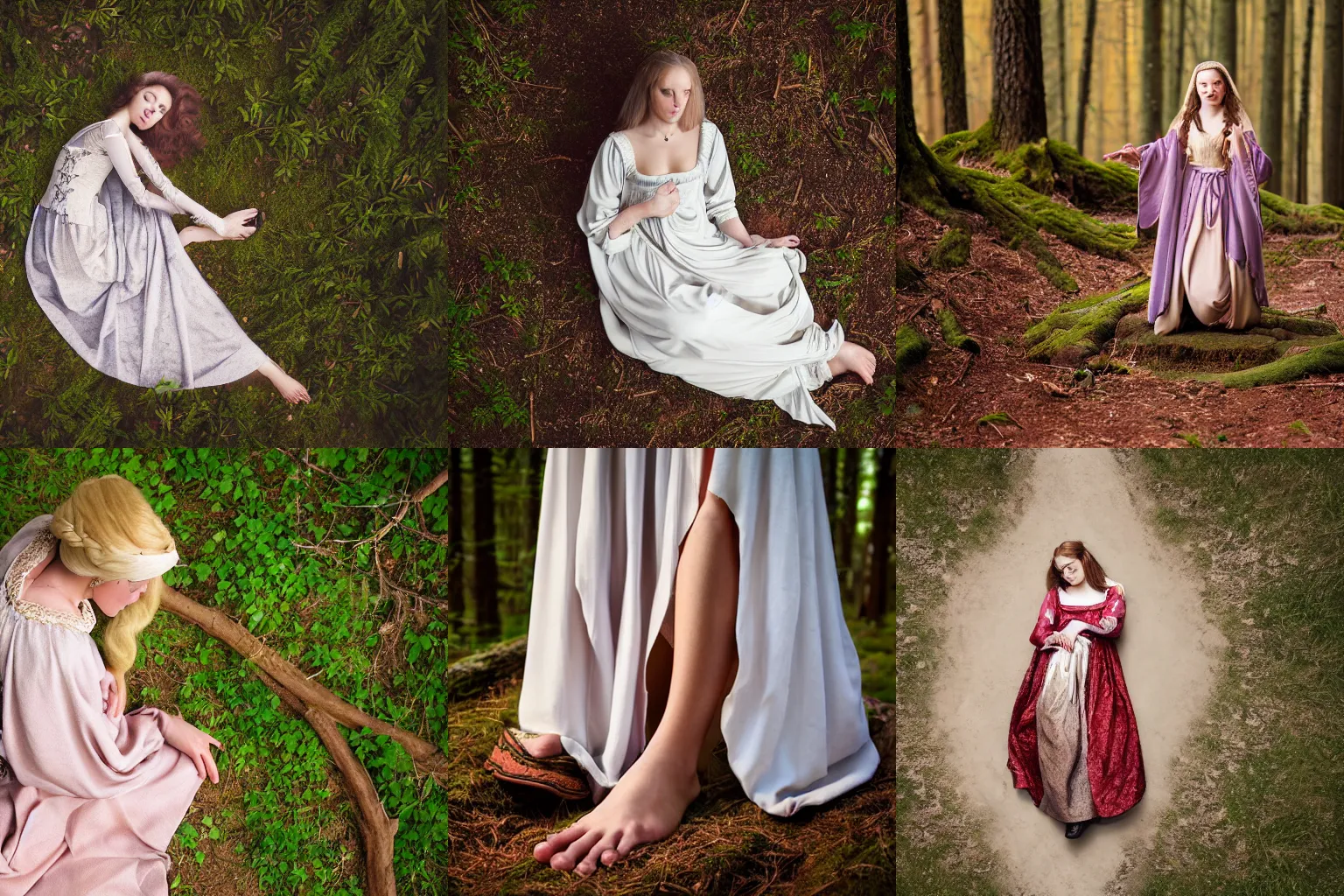 Prompt: portrait of a beautiful young woman in medieval clothes, looking down at her feet with a confused expression, touching her waist with her hand, forest in the background, Zeiss 150mm f2.8 Hasselblad, award-winning photo