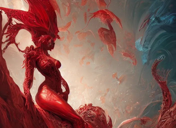 Image similar to woman loves sitting upon a scarlet coloured beast, pain, light effect, hyper detailed, intricate, elegant, highly detailed, digital painting, artstation, concept art, matte, sharp focus, illustration, by james jean, andrei riabovitchev, marc simonetti, yoshitaka amano