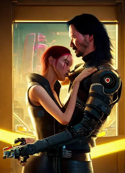 Image similar to a cyberpunk 2077 couple portrait of a Keanu Reeves as johnny silverhand and a female android in final kiss,couple pose,love,fantasy, intricate, elegant,by Alex Horley,Heather Theurer,aaron horkey,Greg Rutkowski,artstation,deviantart,FAN ART,Digital painting,face enhance,highly detailed,8K,octane,golden ratio,cinematic lighting