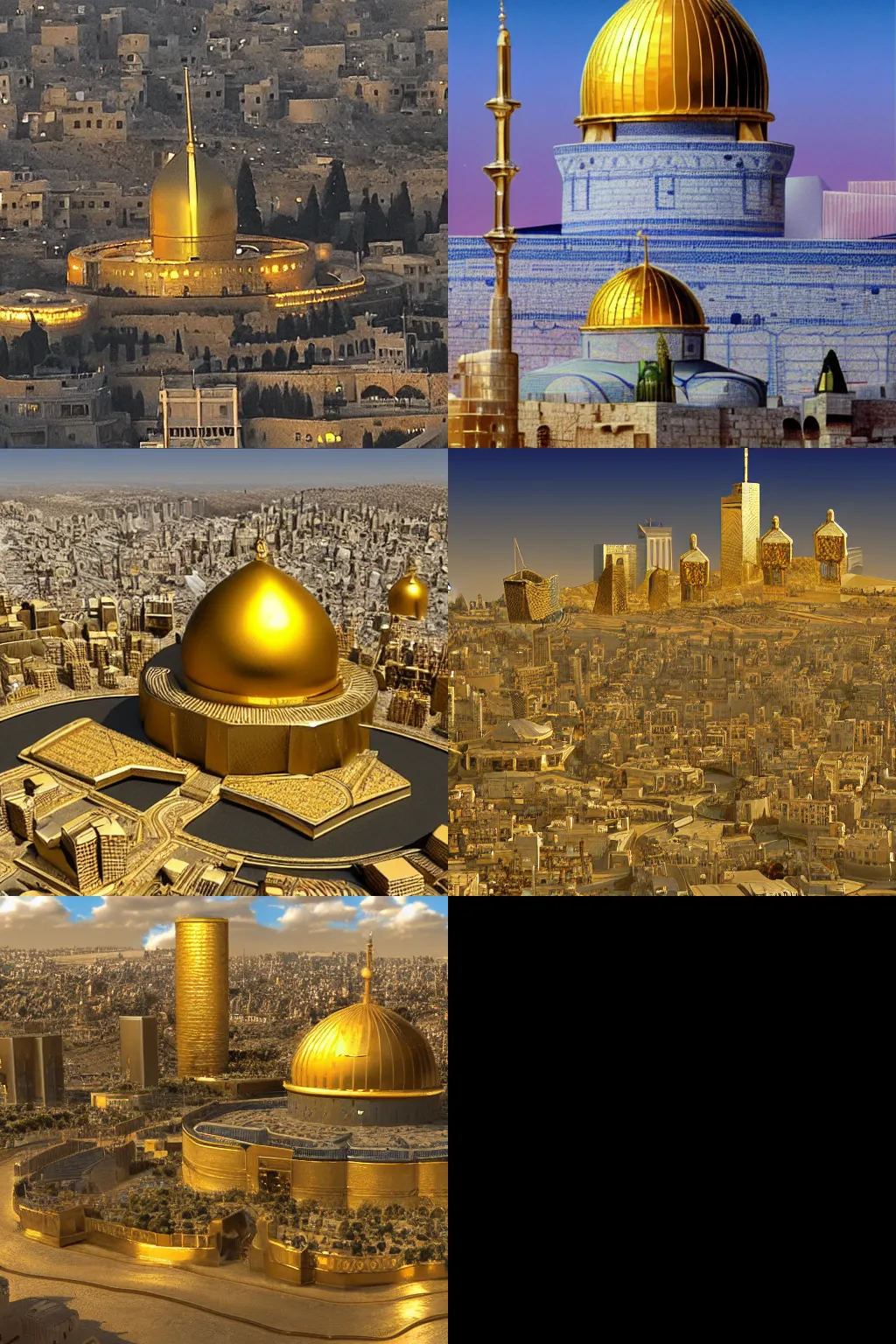 Prompt: Futuristic Jerusalem made of Gold in the style of John Avon