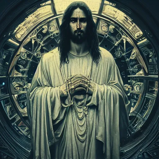 Prompt: Cyberpunk jesus christ, dark atmosphere, cinematic shot, intricate, ornate, photorealistic, ultra detailed, realistic, 35mm, photography, neon, octane, high definition, depth of field, bokeh, 8k, artstation, ((alphonse mucha)), (hr giger)