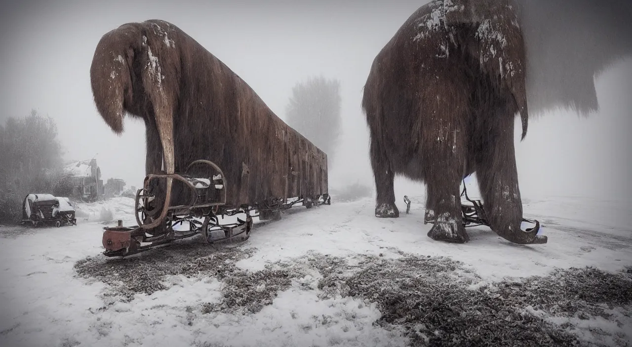 Prompt: “photo color of one biomechanical mammoth/wagon/mamouth in an arctic storm with fog and blizzard, the mammoth drags old gigantic coal wagons with snow, it's a sunset photo with cold tones, some people around ”