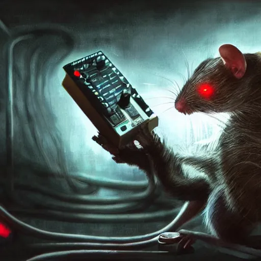 Image similar to a rat cyborg playing with a tb-303 synthesizer, by ruan jia