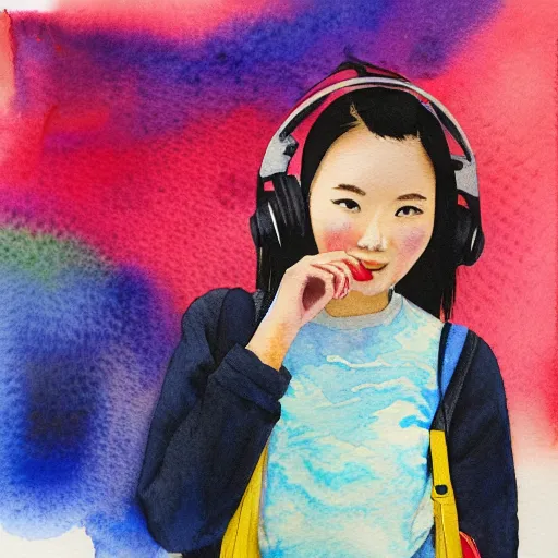 Image similar to cute Chinese girl with headphones and a yellow backpack in NYC, highly detailed watercolor painting