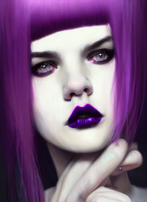 Image similar to portrait of white teenage girl, normal face, black bangs, mall goth, cyberlox, black and white hair, bangs, fluffy bangs, red contacts, purple lipstick, intricate, elegant, highly detailed, digital painting, artstation, concept art, sharp focus, smooth, illustration, art by wlop, mars ravelo and greg rutkowski