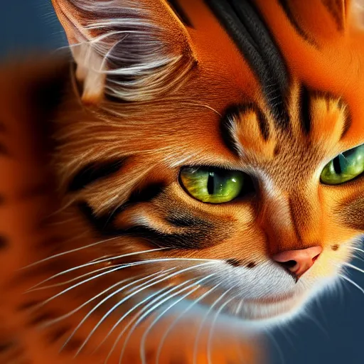 Prompt: hyperrealistic picture of the cat Garfield, orange fur, intricate, hyperdetailed, trending on Artstation, 4k, 6k