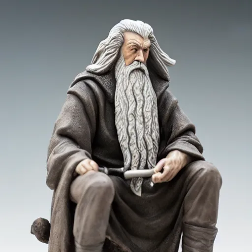 Prompt: figurine made of rough stone of gandalf with no hat. gandalf is sitting at a light - mixer, studio photo, uhd 4 k, backlight, rule of thirds