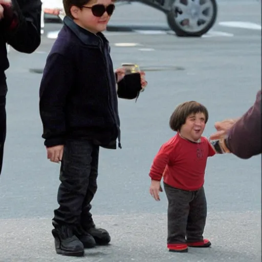 Image similar to full body candid paparazzi photo of tom cruise as a midget, short dwarf sized tom cruise