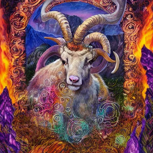 Image similar to horned ram goddess, checking her cell phone, painting by josephine wall, erupting volcano in distance, sunset, flowers in foreground, zodiac, fantasy acrylic on canvas, intricately detailed, highly detailed, high resolution, hdr, 8 k, by senior concept artist, trending on artstation