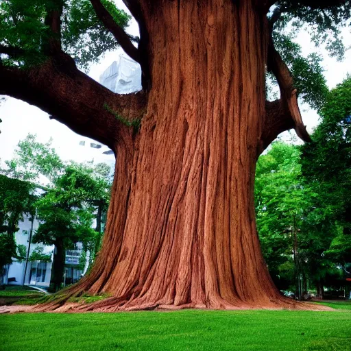 Prompt: a tree so huge an entire city lives inside the trunk