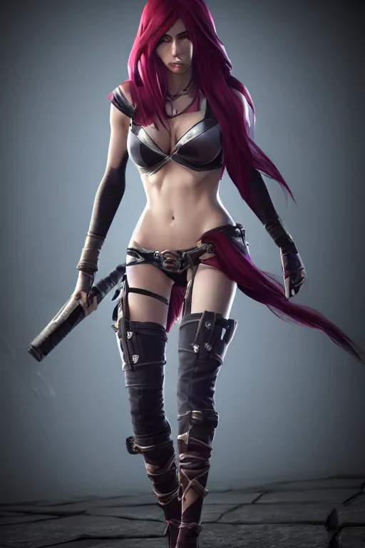 Image similar to Katarina from League of Legends, photorealistic full body, unreal engine 5, hyperrealistic, studio lighting, highly detailed, realistic