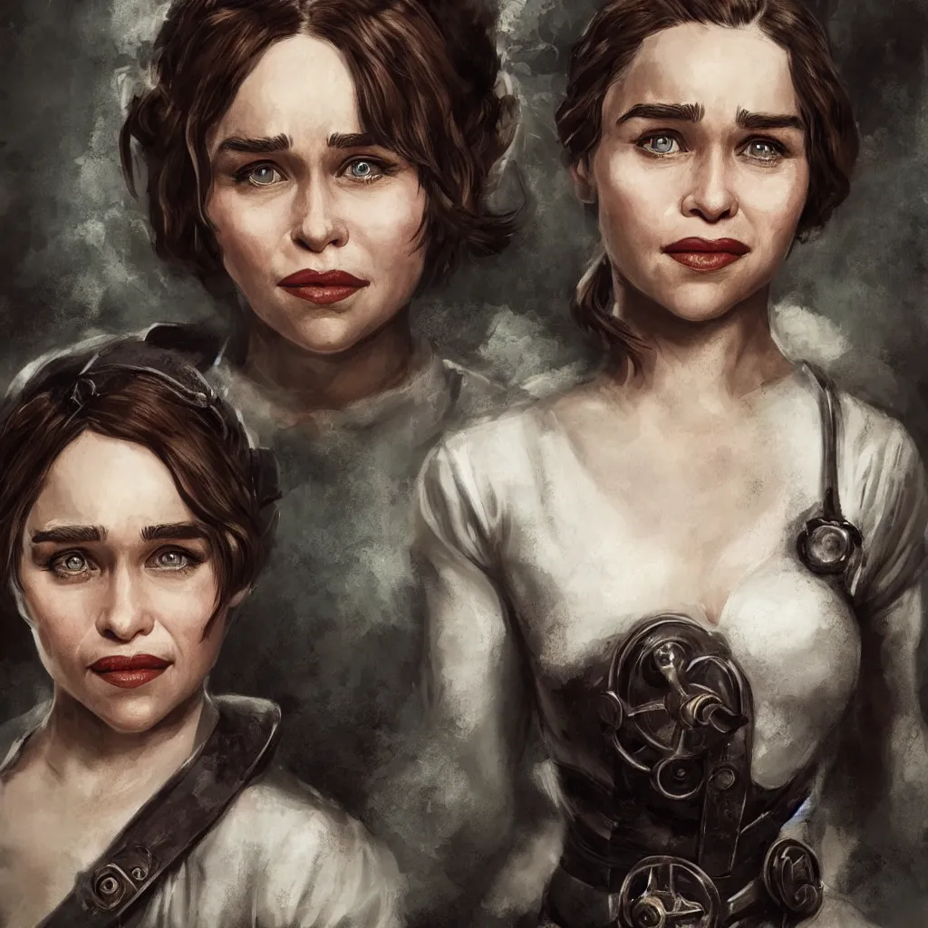 Image similar to realistic portrait of Emilia Clarke as Elizabeth from Bioshock