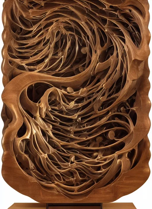 Image similar to sculpture of the endless transcendence of recursion, solid fluid fractals of celestial ivory, museum piece, museum display, back - lit, wooden cabinet