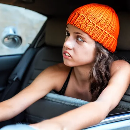 Image similar to girl lounging in a convertible car wearing an orange beanie and a sleeveless shirt, selfie, faint smile